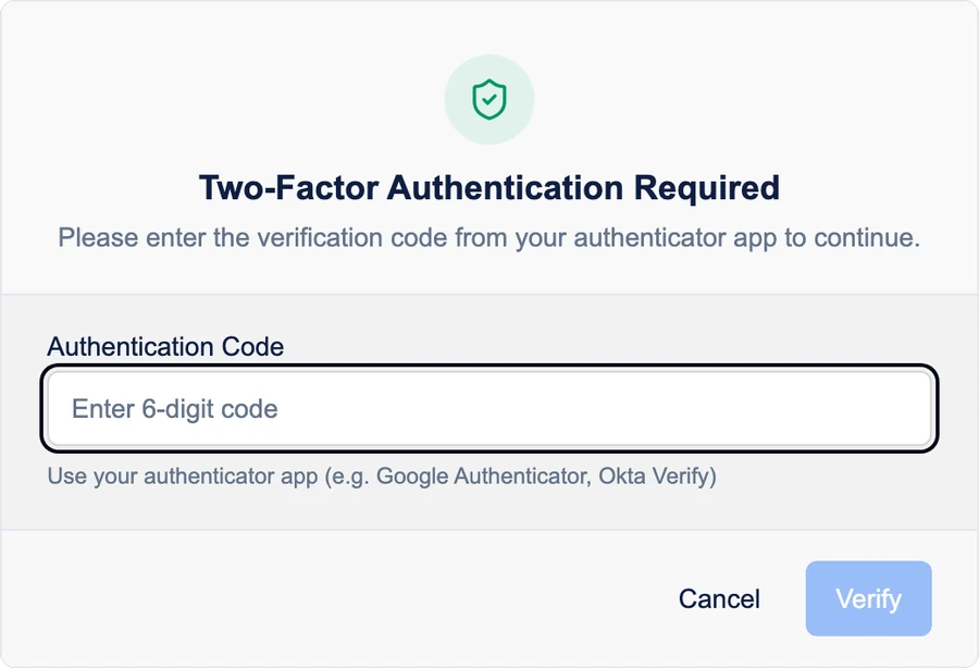 Two-Factor Authentication Required: the Authentication Code field with Cancel and Verify
