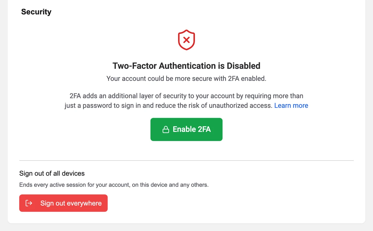 Settings, Security: Two-Factor Authentication is Disabled, with the Enable 2FA button
