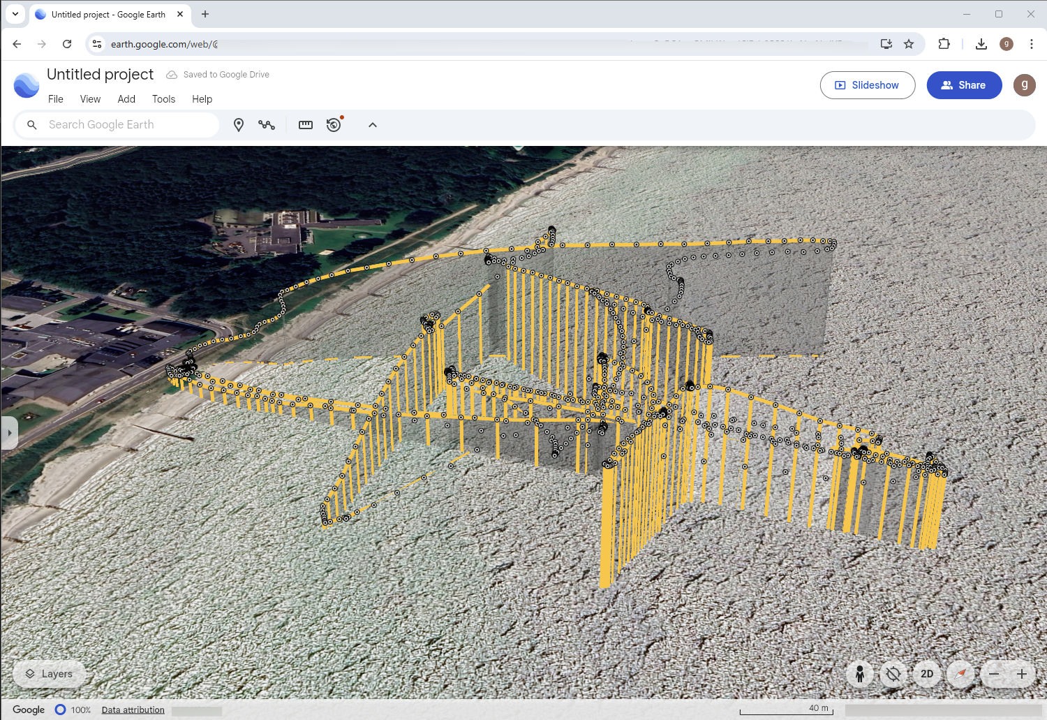A flight path from a KML file shown in Google Earth