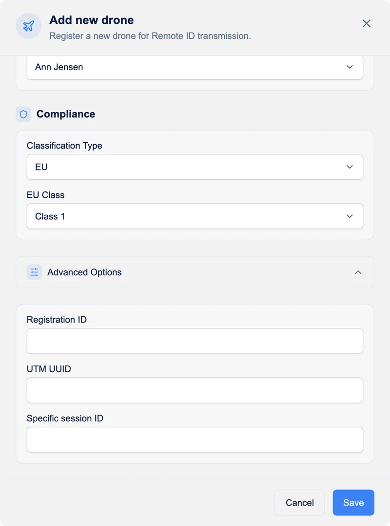 The Add new drone dialog scrolled down: EU Class and the Advanced Options Registration ID, UTM UUID and Specific session ID