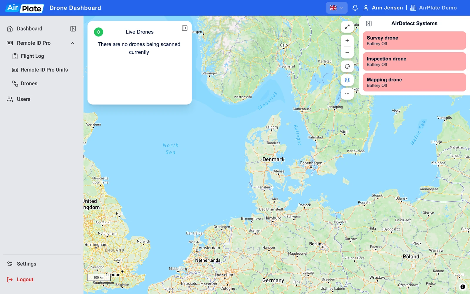The dashboard: the menu on the left, the map, the Live Drones card and the AirDetect Systems panel listing three Remote ID Pro units