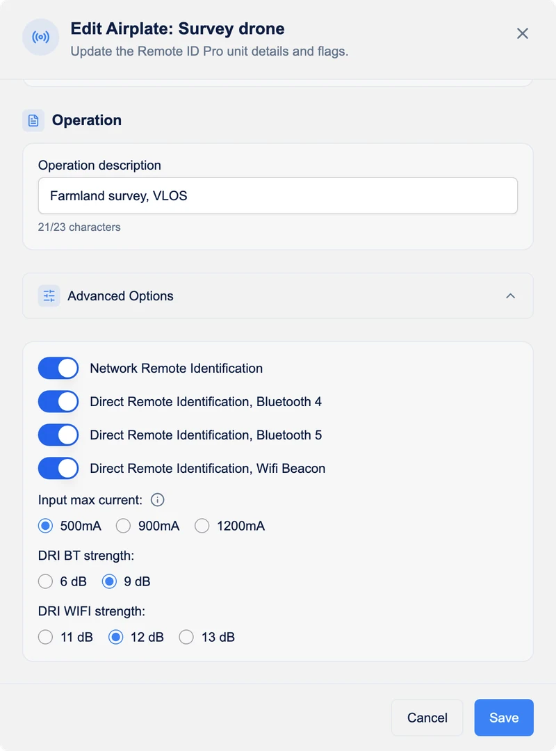 The Edit Airplate dialog scrolled down: Advanced Options with the four transmission switches, Input max current, DRI BT strength and DRI WIFI strength