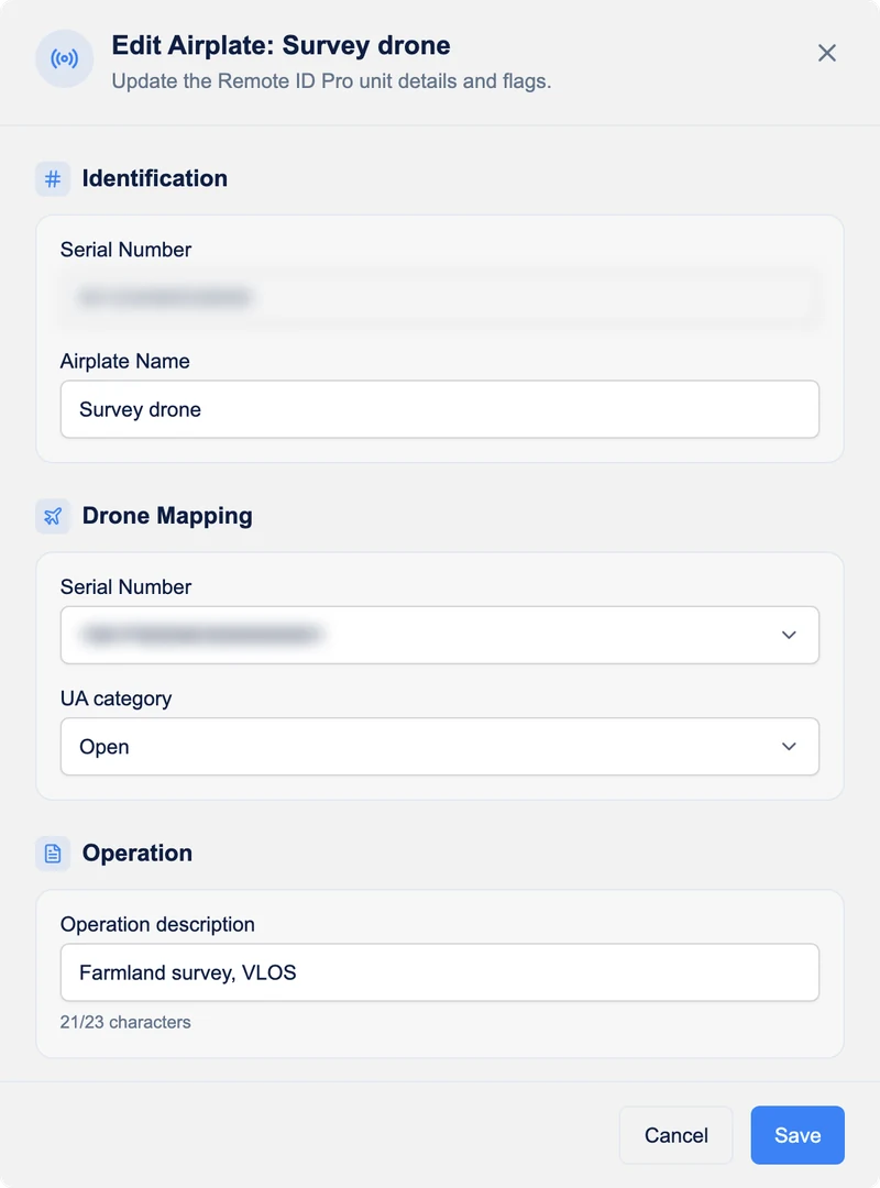 The Edit Airplate dialog: Serial Number, Airplate Name, Drone Mapping with the drone's Serial Number and UA category, and Operation description