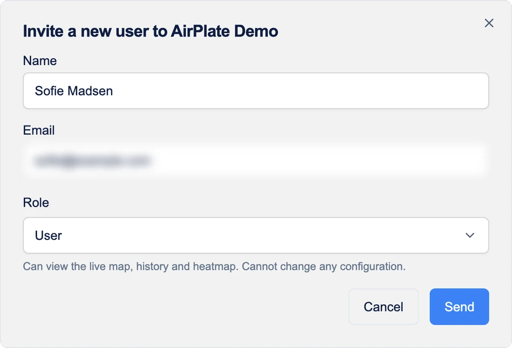 The Invite a new user dialog with Name, Email and Role, and the Send button
