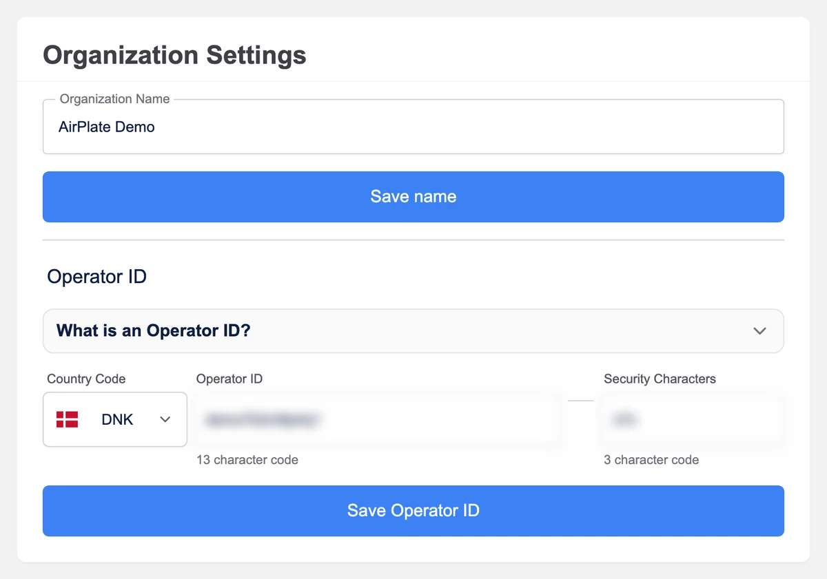 Settings, Organization Settings: Organization Name, and the Operator ID with Country Code, Operator ID, Security Characters and the Save Operator ID button