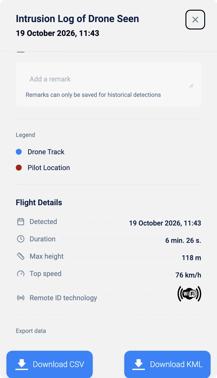 Further down the side panel: the legend, Flight Details with detection time, duration, max height, top speed and Remote ID technology, and Download CSV and Download KML