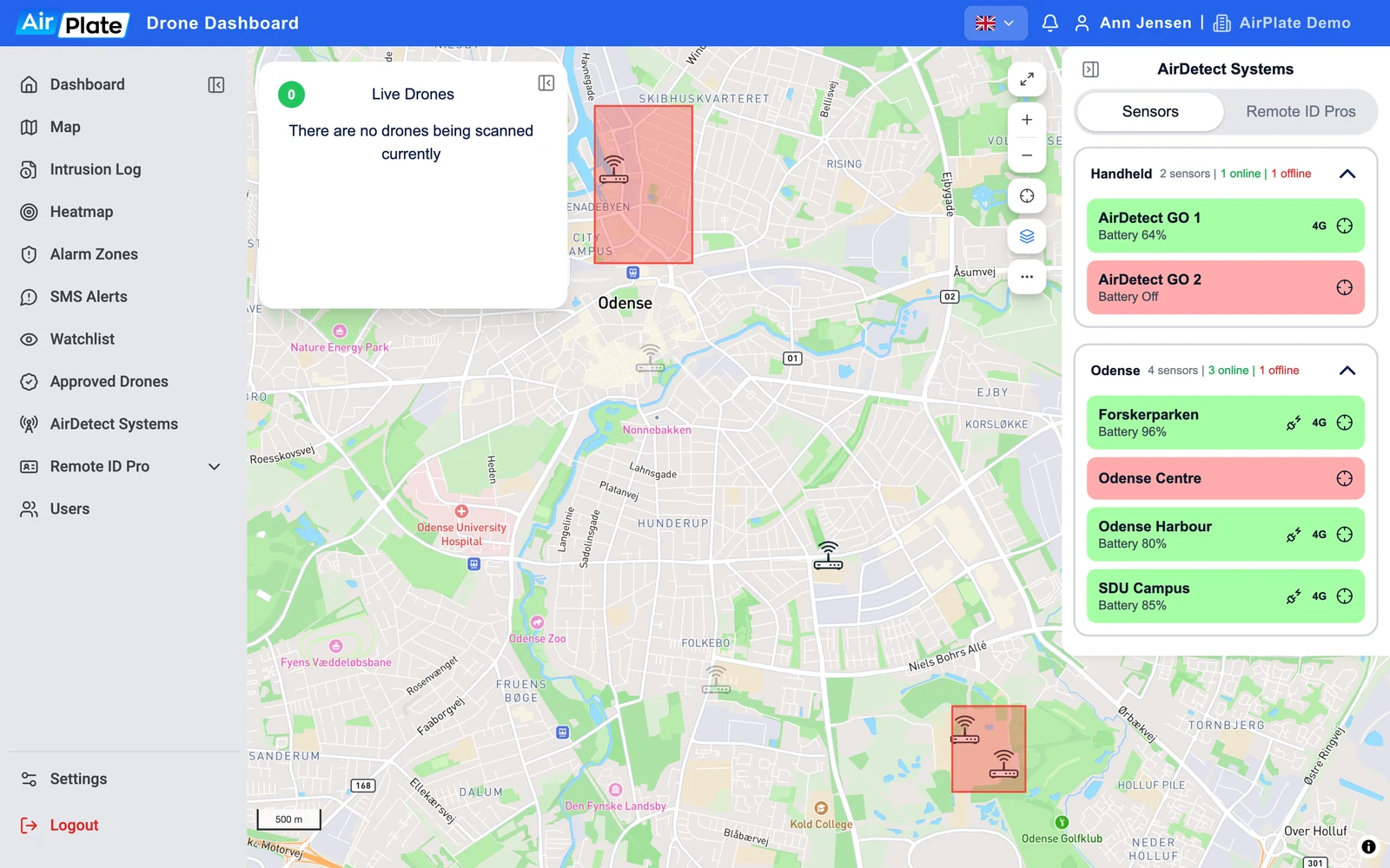 The Map page with the sensors on the map and the AirDetect Systems panel: two groups of sensors, online in green and offline in red