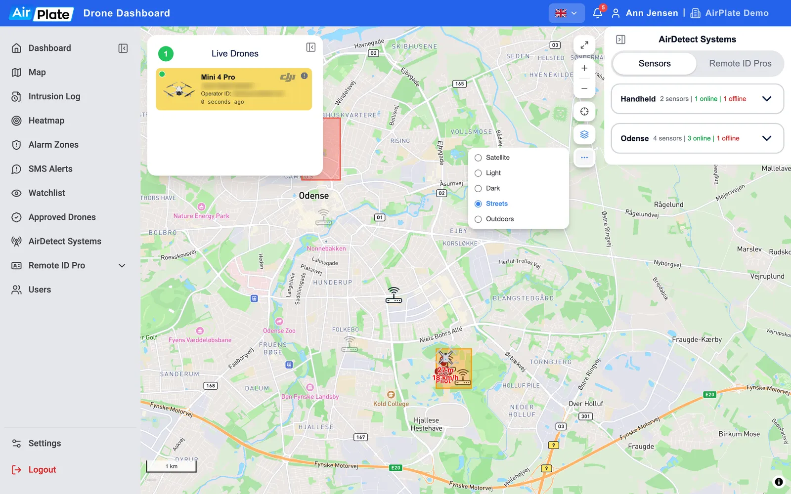 The Map with the Map style menu open (Satellite, Light, Dark, Streets, Outdoors), the map controls, the Live Drones list and the AirDetect Systems panel