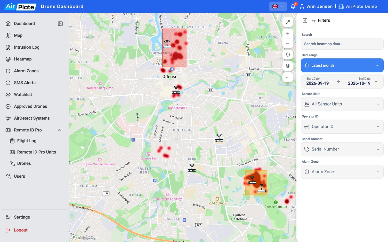 The Heatmap over Odense for the latest month, with the Filters panel: search, date range, sensor units, operator ID, serial number and alarm zone