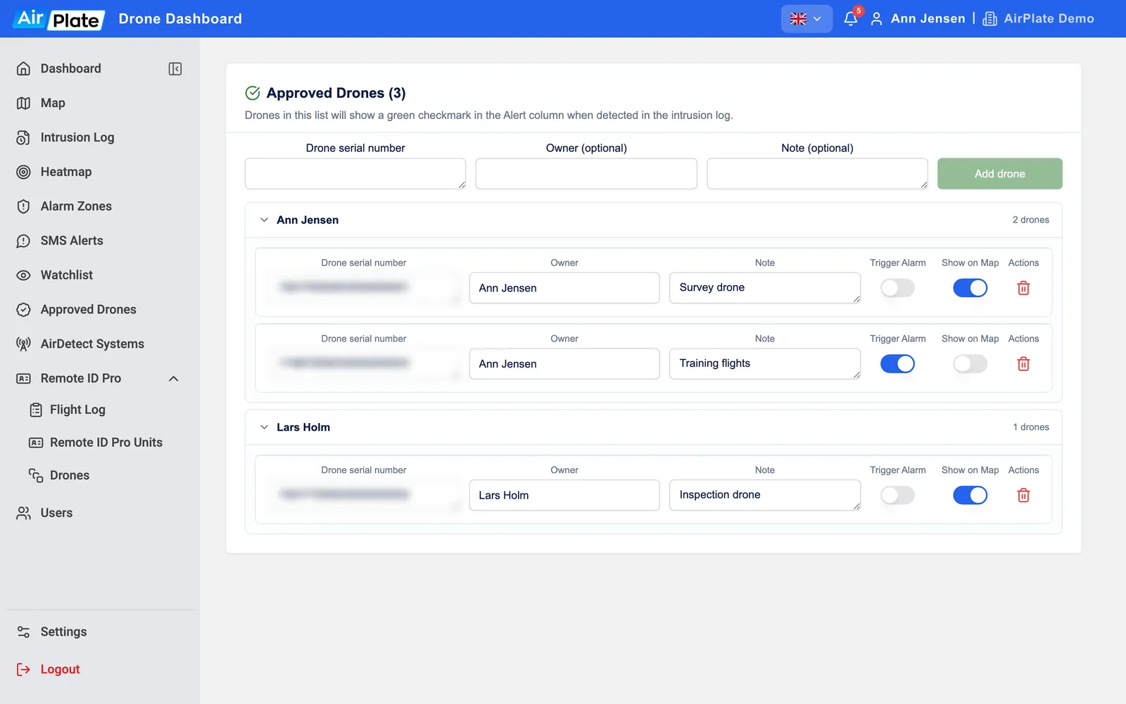 The Approved Drones page: the add row, and three approved drones grouped by owner, each with Trigger Alarm and Show on Map switches