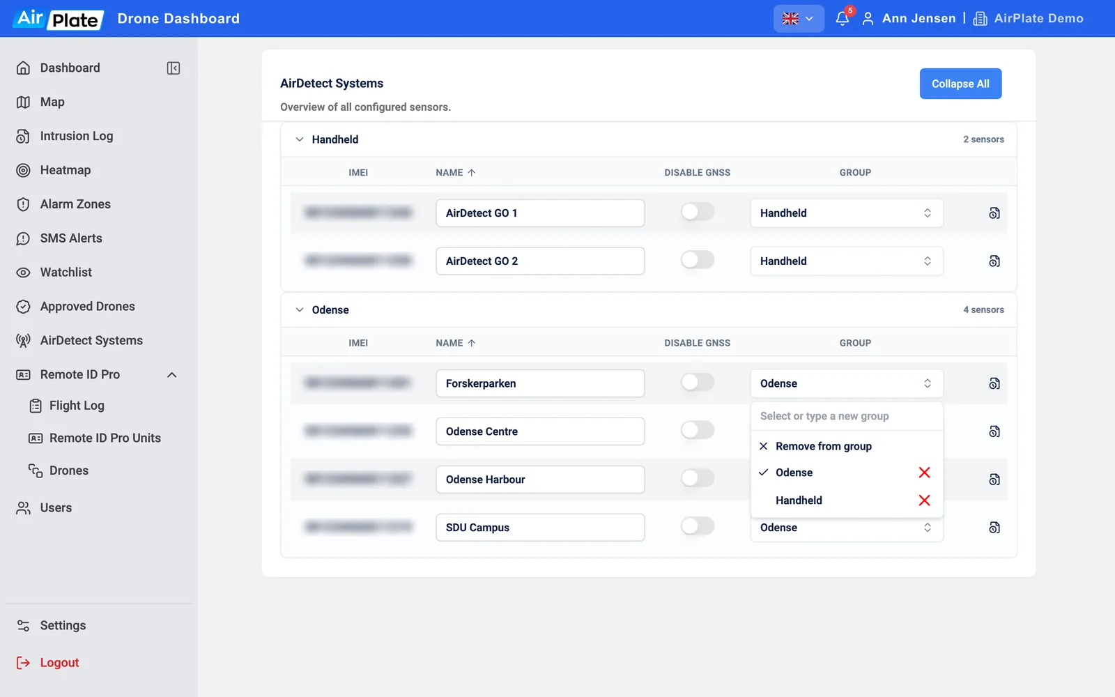 The group picker open on one sensor: a search field, Remove from group, the current group ticked, and a red cross next to each group