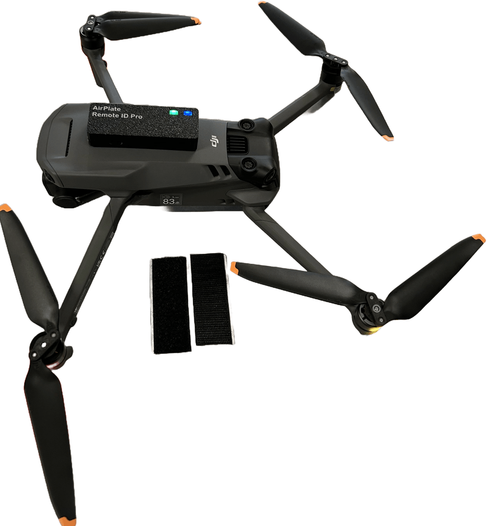 Velcro mounting: a drone with the Remote ID Pro mounted on top, and the two velcro strips