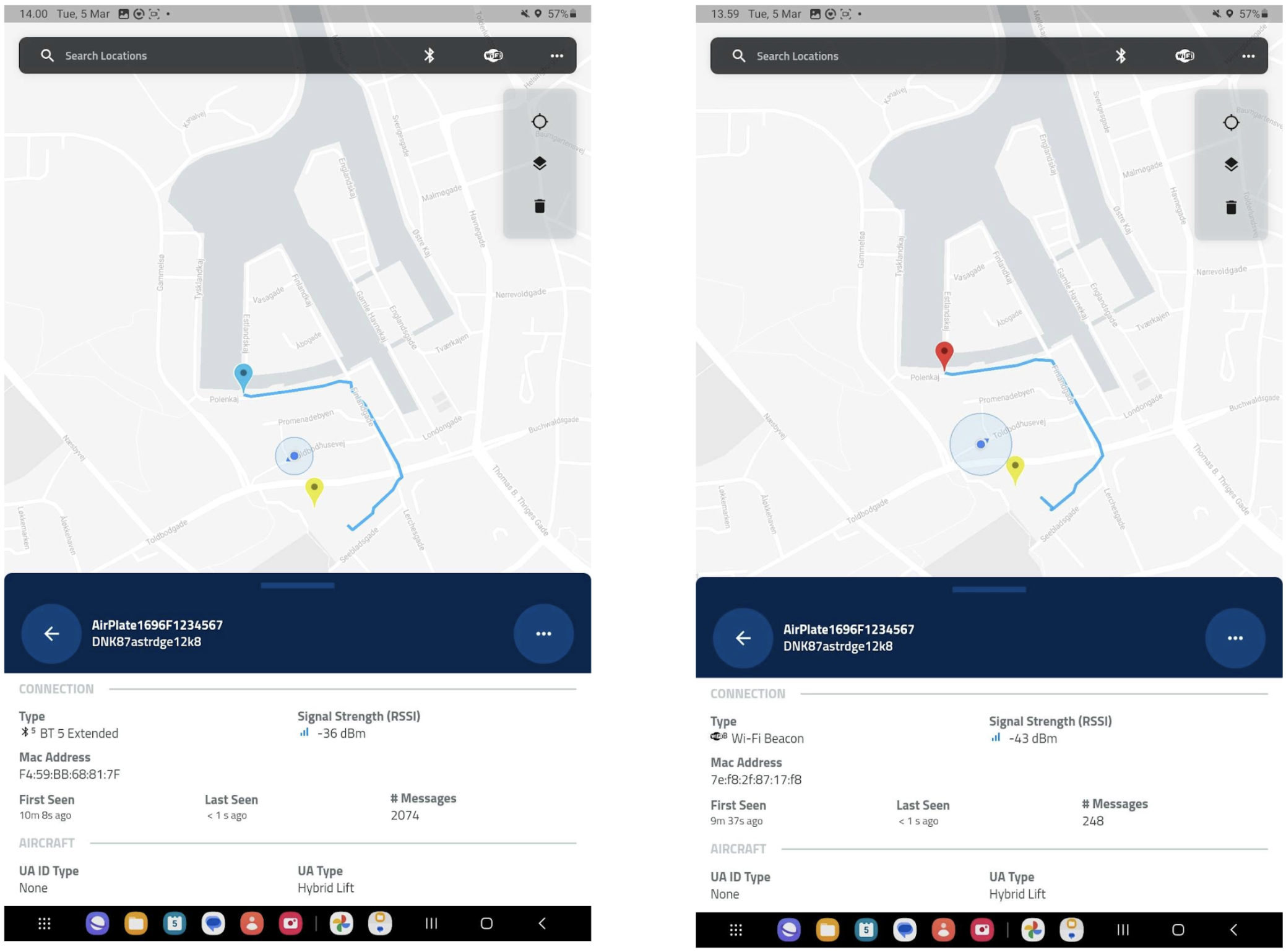 The OpenDroneID app showing the same Remote ID Pro twice, with its track on a map: on the left received over Bluetooth 5, on the right over Wi-Fi Beacon
