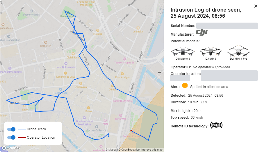 A detection on 25 August 2024: the drone track through central Aarhus, with the detection details