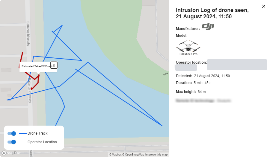 A detection on 21 August 2024: the drone track over a lake, with the estimated take-off position