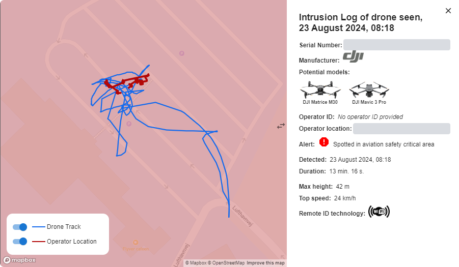 A detection on 23 August 2024: the drone track inside an aviation safety critical area