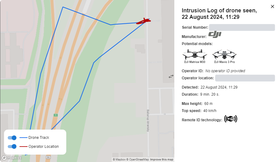 A detection on 22 August 2024: the drone track and operator location by a motorway