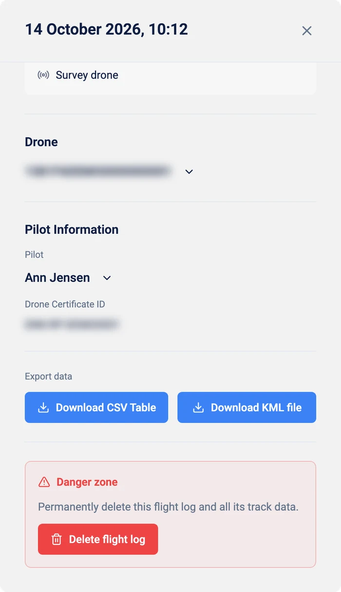 Further down the side panel: Drone, Pilot Information with the drone certificate ID, Export data with Download CSV Table and Download KML file, and the Danger zone with Delete flight log