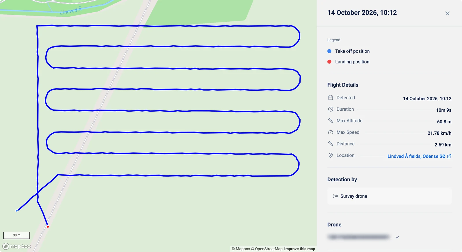 Flight details: the flight path on a map, and a side panel with the legend, Flight Details, Detection by and Drone