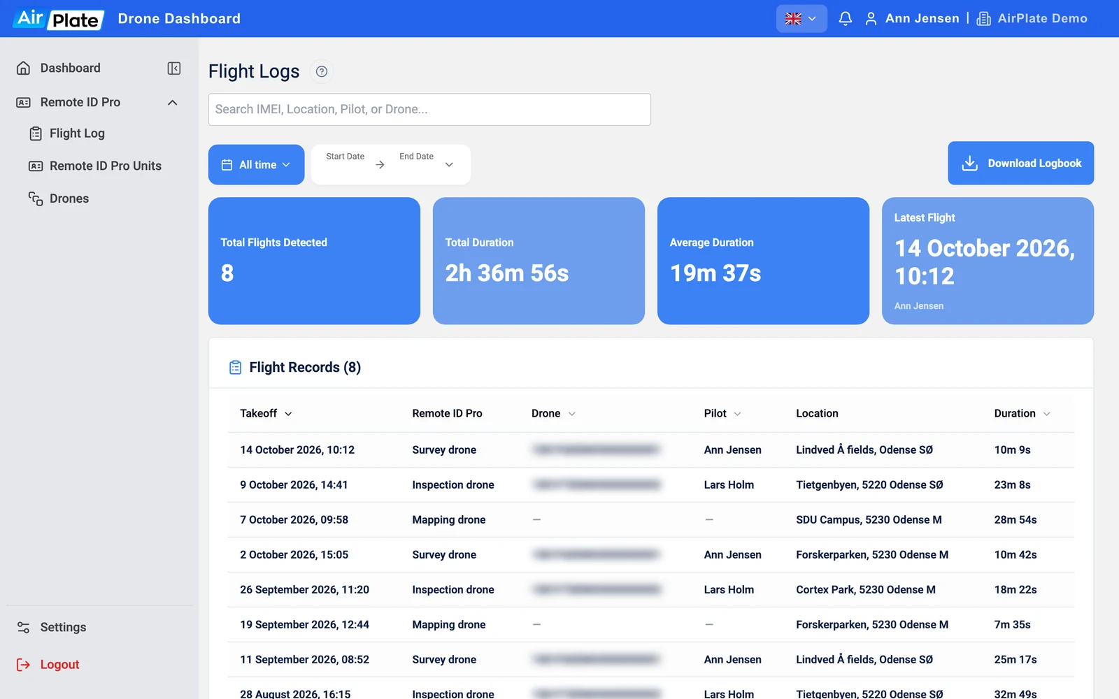 The Flight Logs page: search box, date range, Download Logbook button, four summary tiles and the Flight Records table