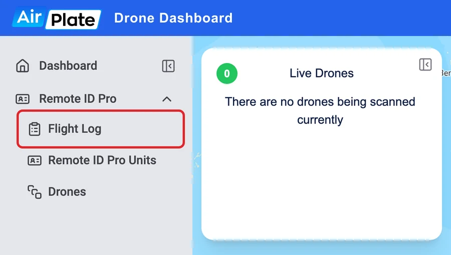The menu with Flight Log highlighted under Remote ID Pro