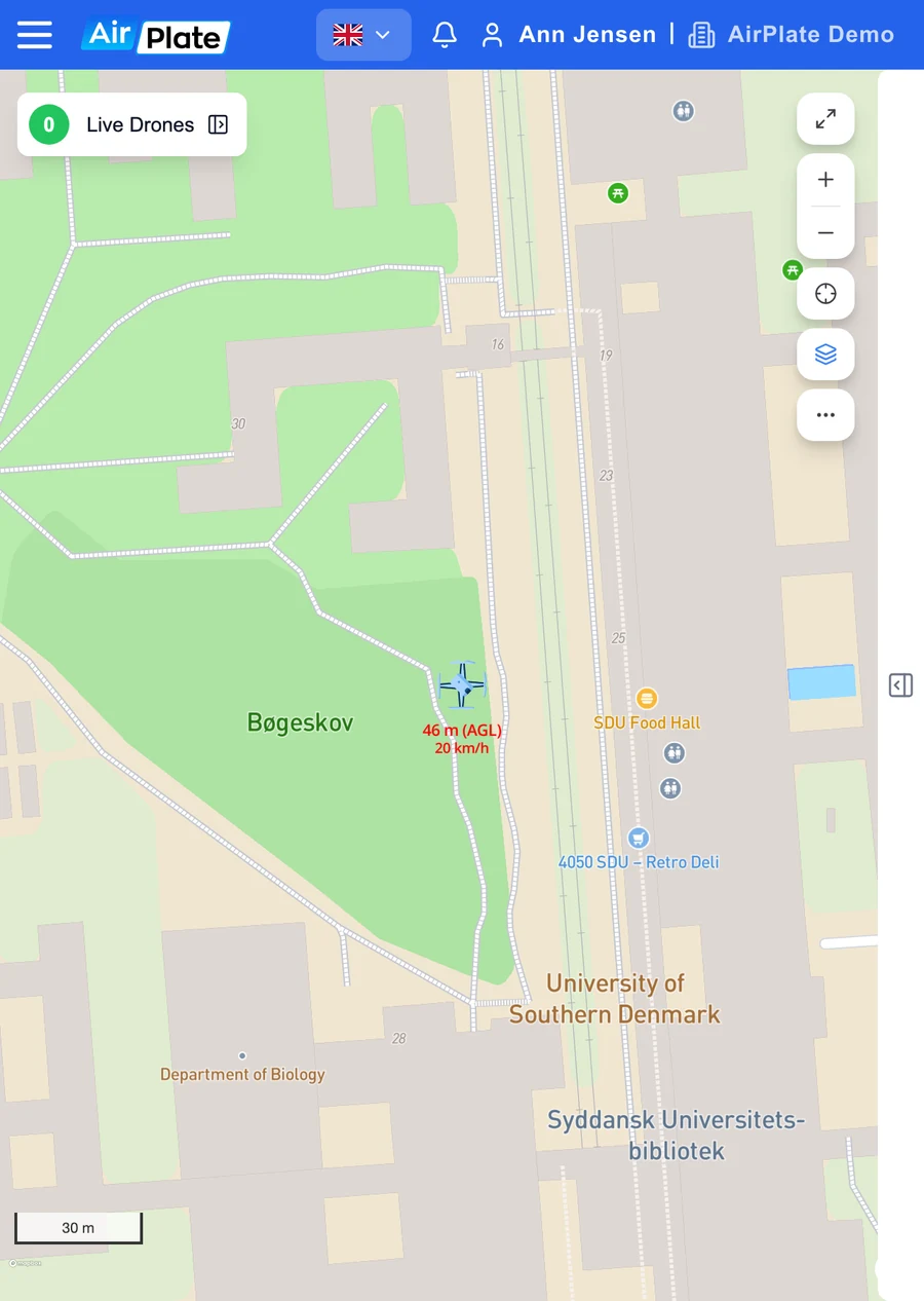 The dashboard map on a phone: a Remote ID Pro shown as a drone with its height (46 m AGL) and speed (20 km/h)