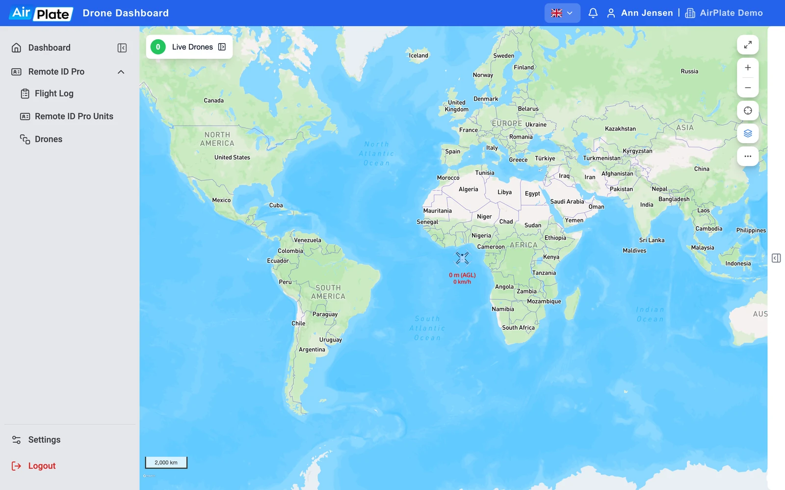 The dashboard map zoomed out to the whole world, with the Remote ID Pro at latitude 0, longitude 0 in the Gulf of Guinea
