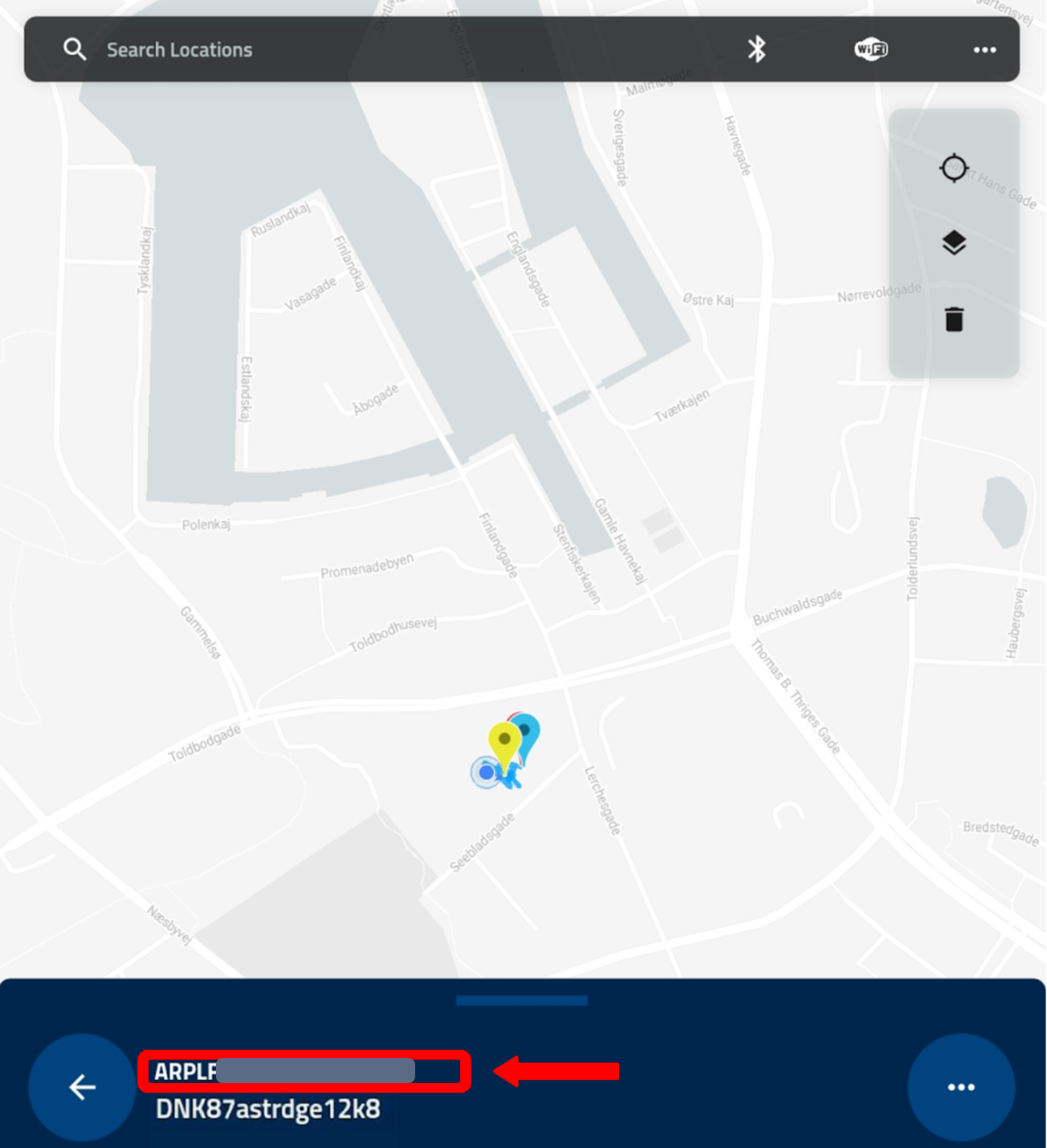 A Direct Remote ID app showing the Remote ID Pro's own serial number, starting with ARPLF, instead of the drone's