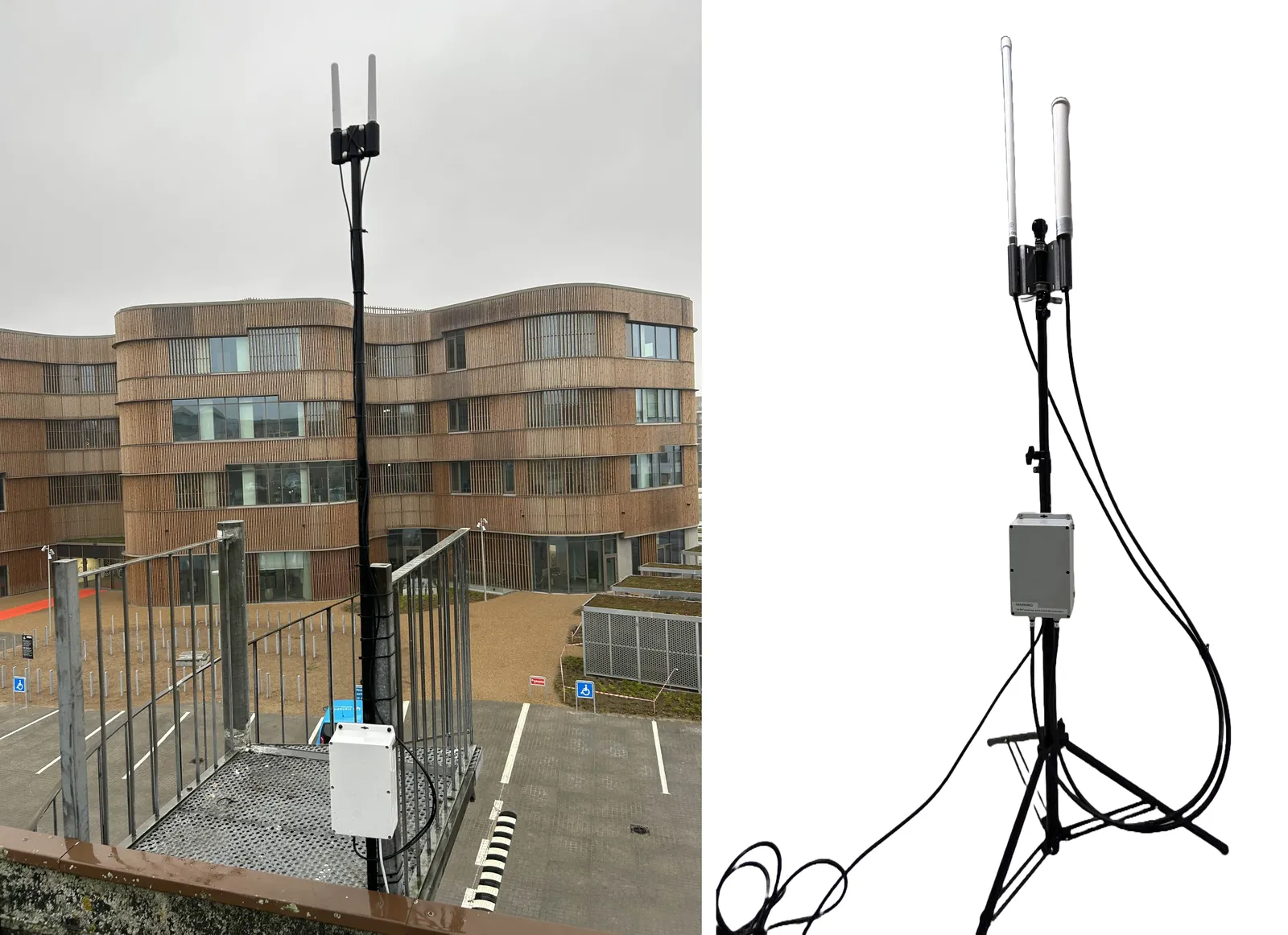 Two AirDetect Pro sensors: one on a mast on a roof, one on a tripod