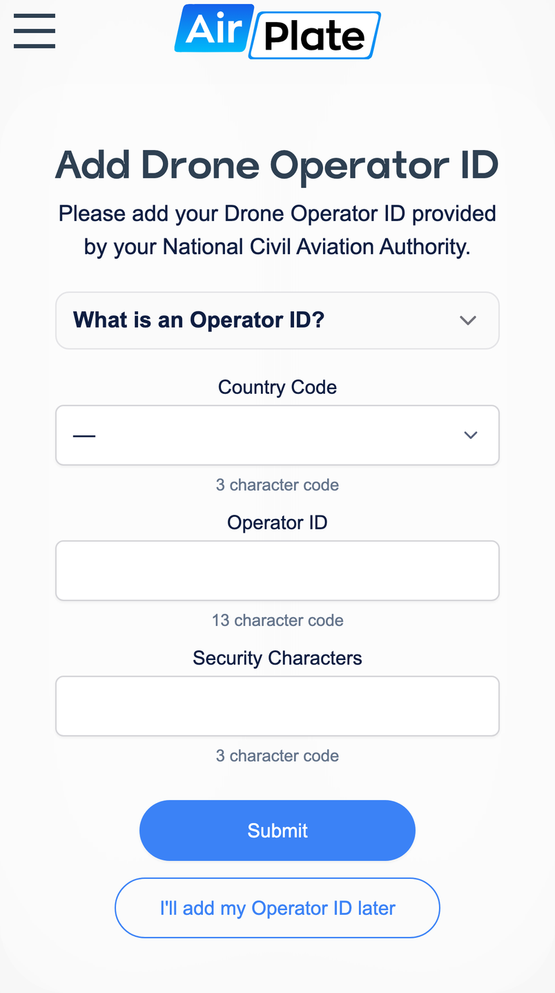 The Add Drone Operator ID page with Country Code, Operator ID and Security Characters