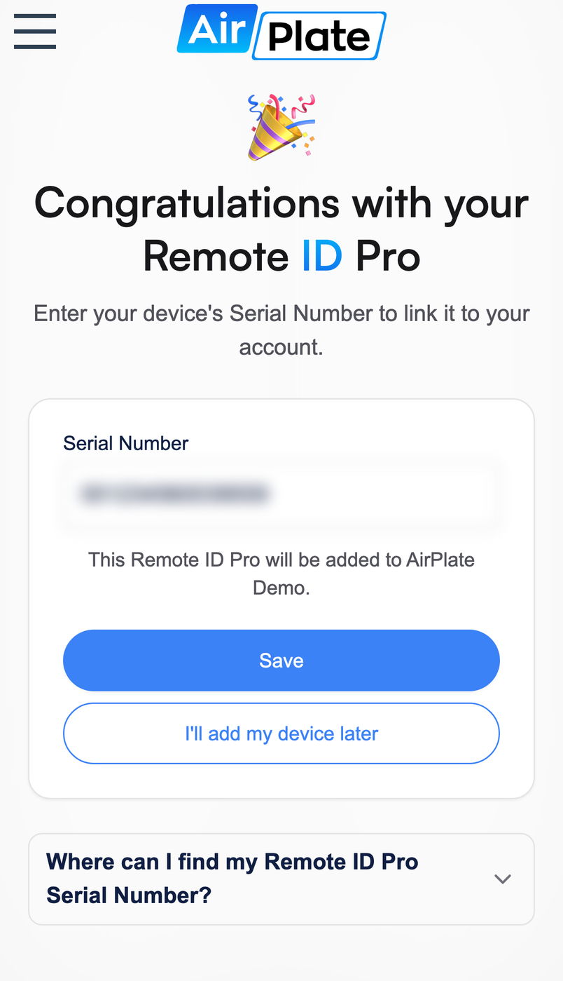 The add page when logged in: Serial Number field and a Save button