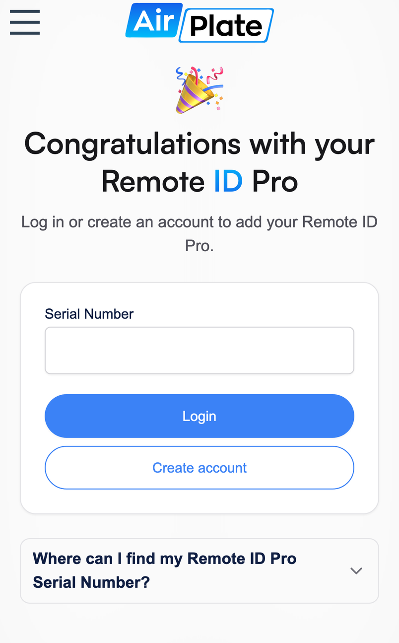 The add page with an empty Serial Number field, and the Login and Create account buttons