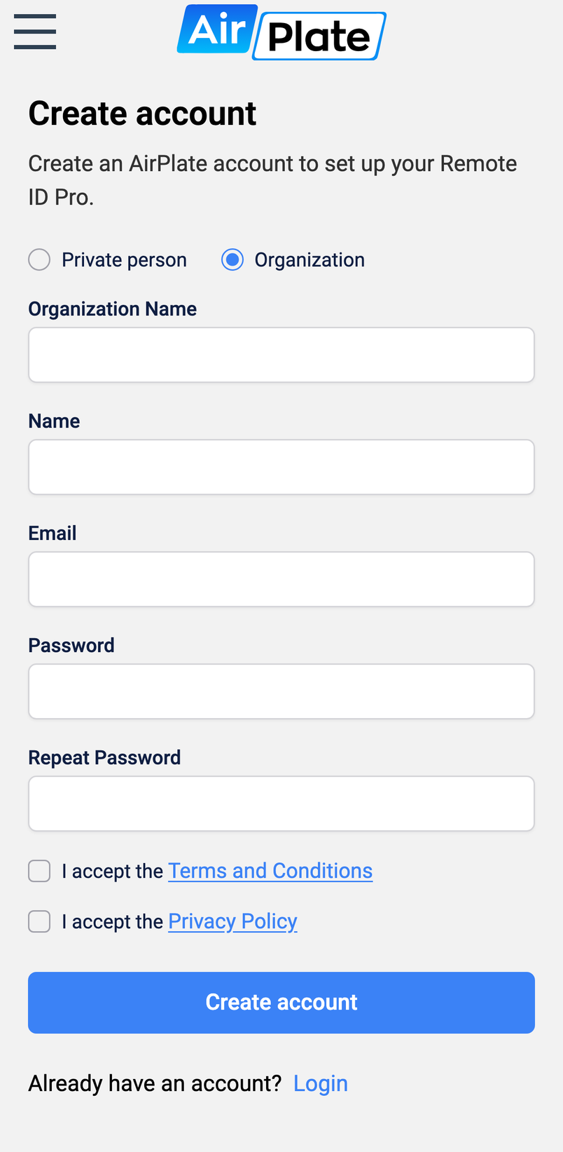 Create account as an organization, with the Organization Name field