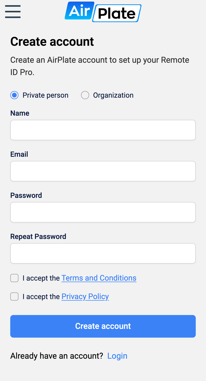 Create account as a private person