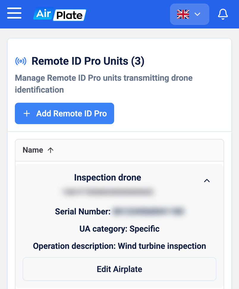 The Remote ID Pro Units list with the Add Remote ID Pro button