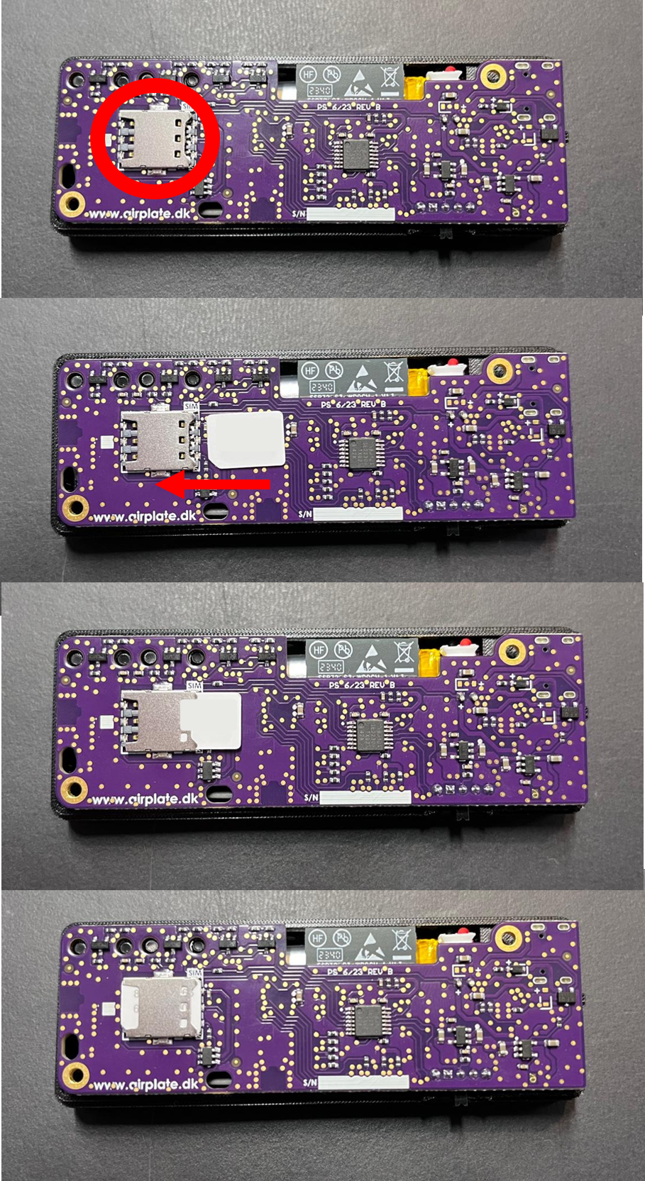 The SIM card slot on the Remote ID Pro's circuit board, with the SIM card in place