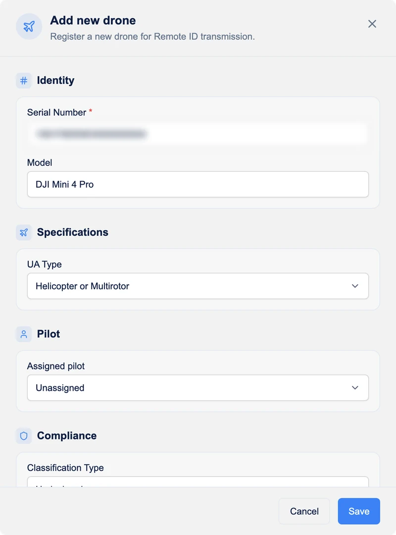 The Add new drone dialog with the drone's Serial Number filled in