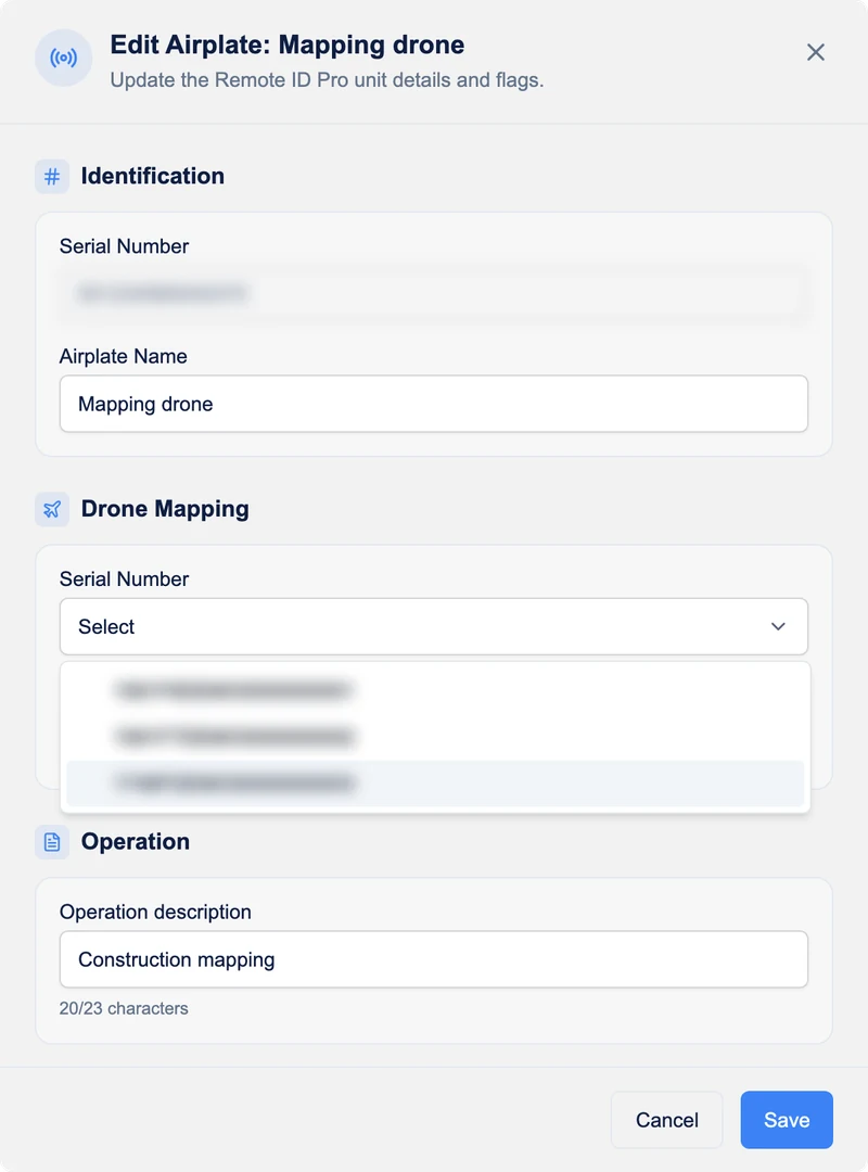 The Edit Airplate dialog with the Drone Mapping Serial Number list open, showing the organization's drones